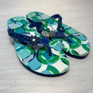 Coach Womens 7B‎ Flip Flops Kerrie Blue Green Geometric Floral Jelly Sandals